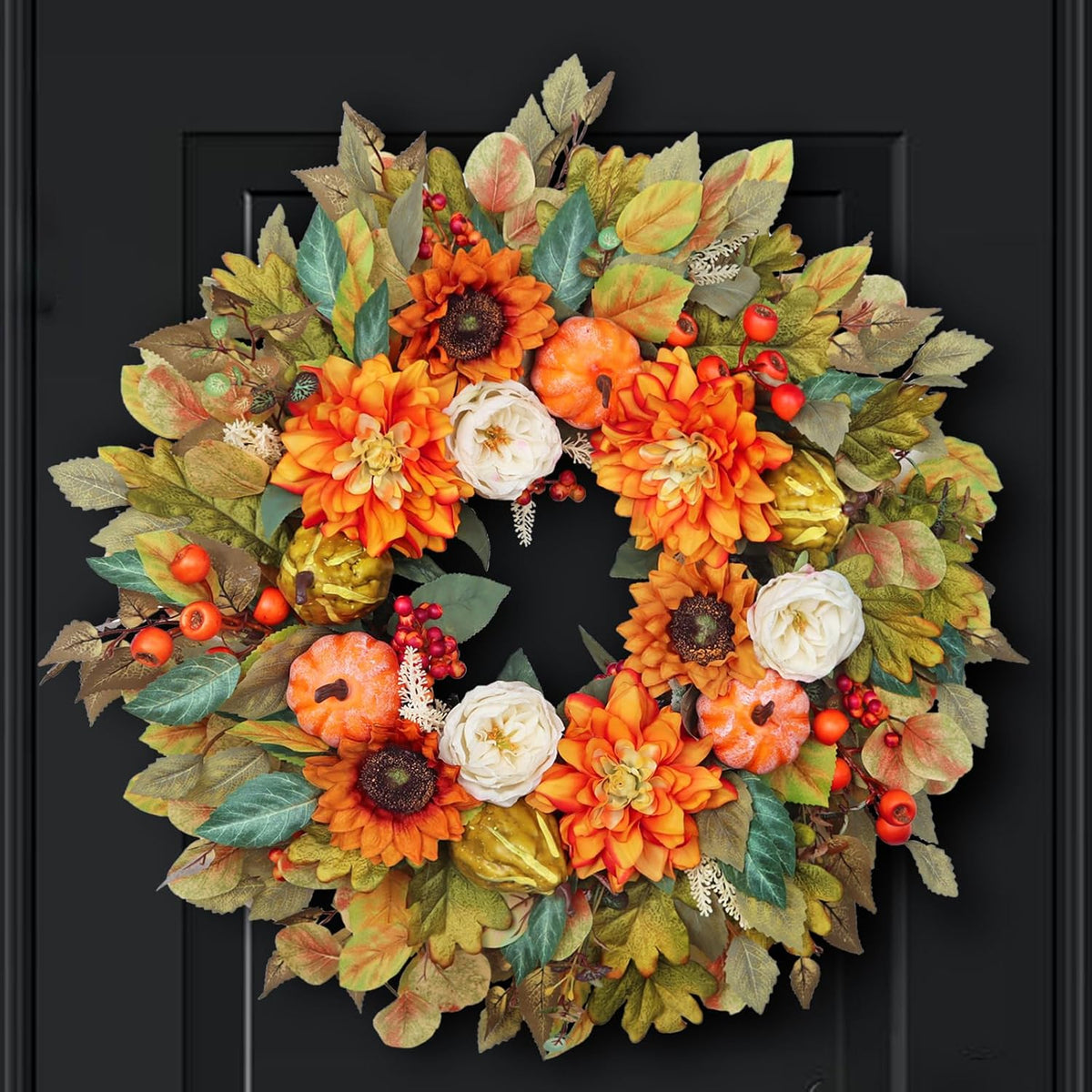 Fall Wreath for Front Door, 24 Inch Autumn Wreath with Pumpkins, Peony, Sunflowers & Dahlias, Fall