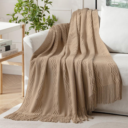 MIULEE Tan Taupe Knitted Throw Blanket for Couch Boho Textured Cozy Woven Blanket with Tassels for