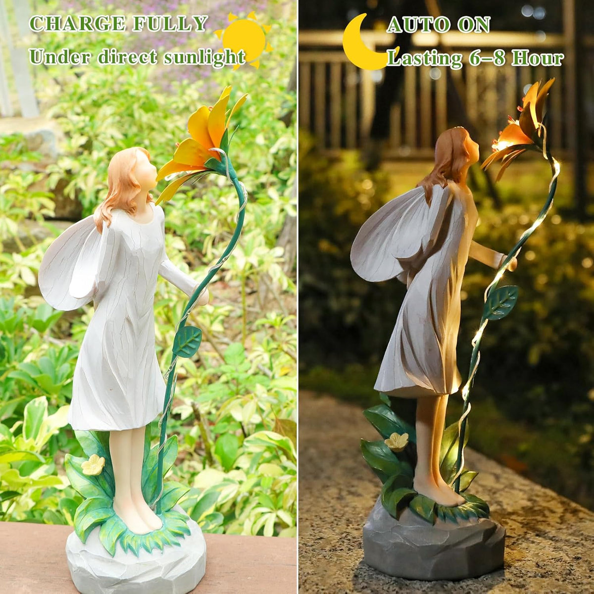 Fairy Garden Statue Outdoor Decor, Solar Powered Garden Sculptures Fairy Resin Statues Waterproof