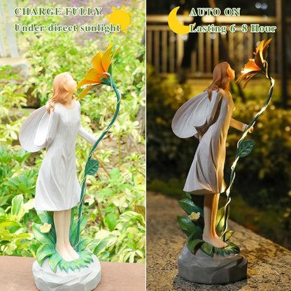 Fairy Garden Statue Outdoor Decor, Solar Powered Garden Sculptures Fairy Resin Statues Waterproof
