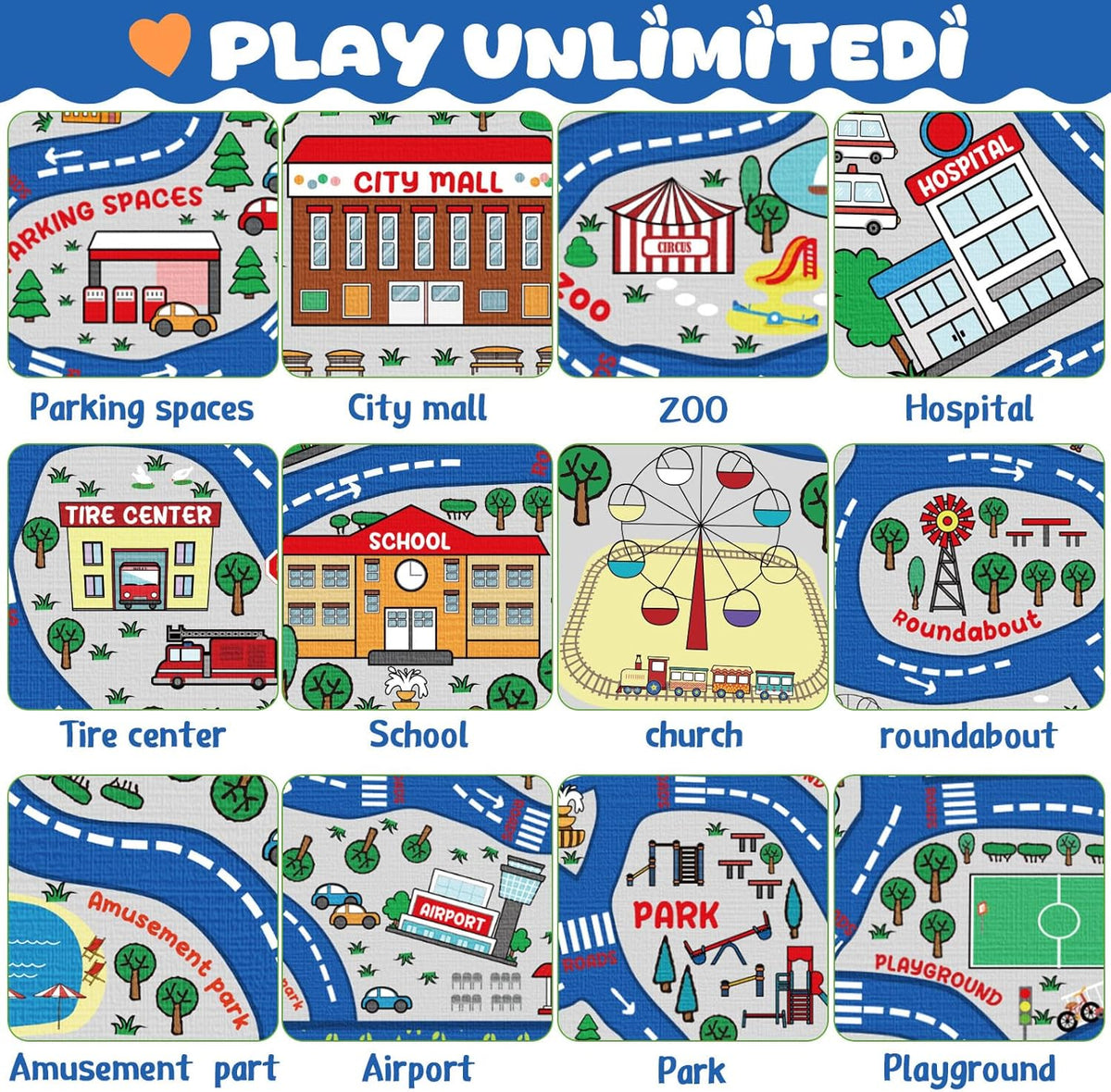 Kids Carpet Playmat Rug Player Car Rug,City Life Traffic Road Map Mat Educational Game Area Rug for