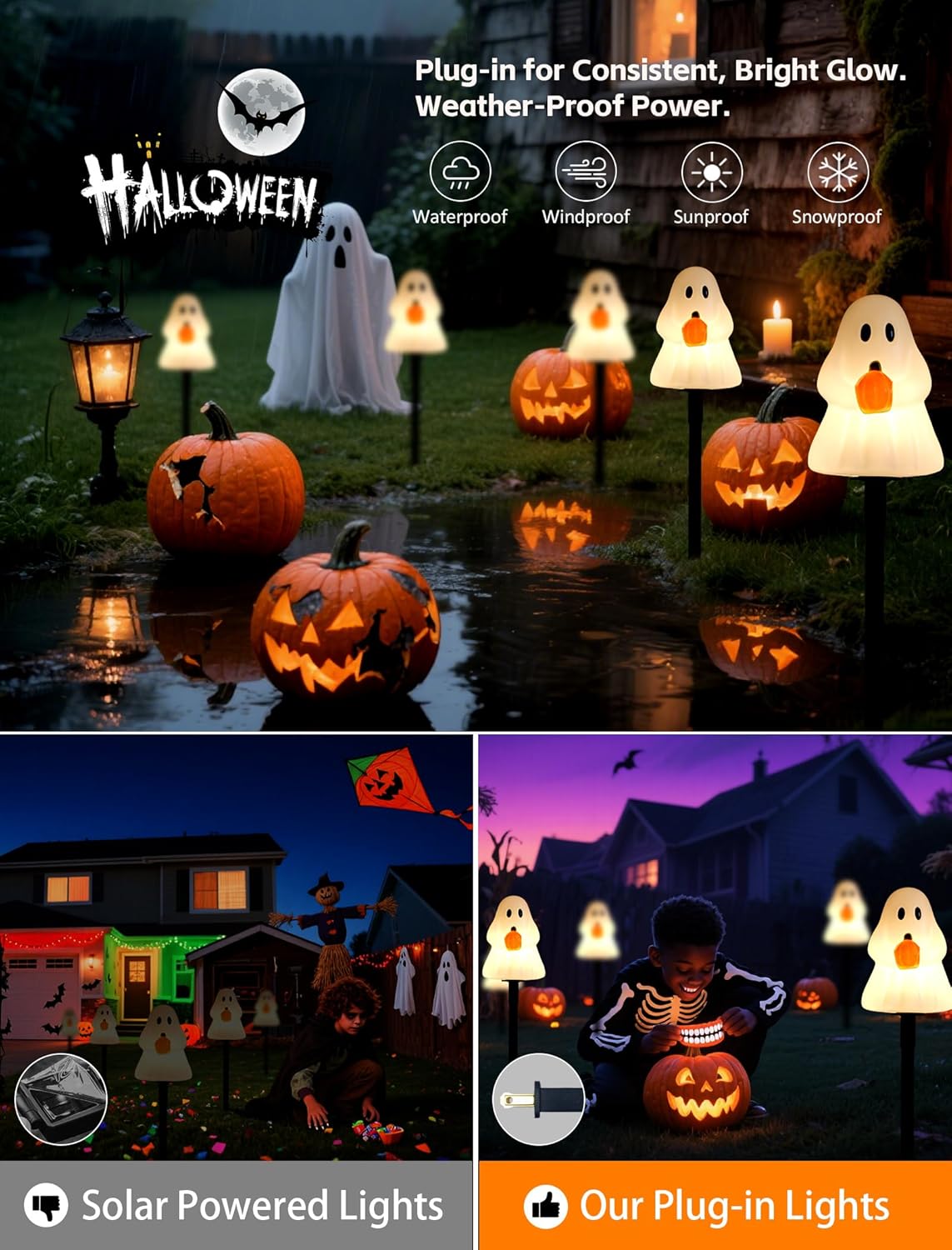 Classic Ghost Halloween Pathway Lights (5-Pack) - Electric Outdoor Decorations with Warm C7 Bulbs