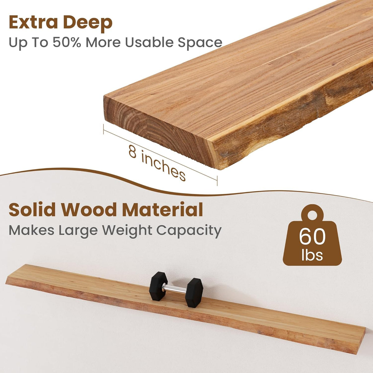 Floating Shelves for Wall Decor, Rustic Solid Elm Wood Live Edge Floating Shelves Wall Mounted