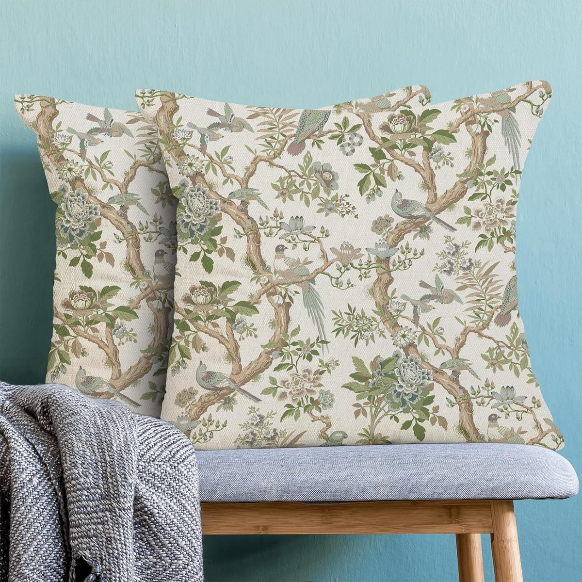 CXMEIFLY Chinoiserie Spring Pillow Covers 16 x 16 Inch Set of 2 for Sage Green Blue Vintage Flowers