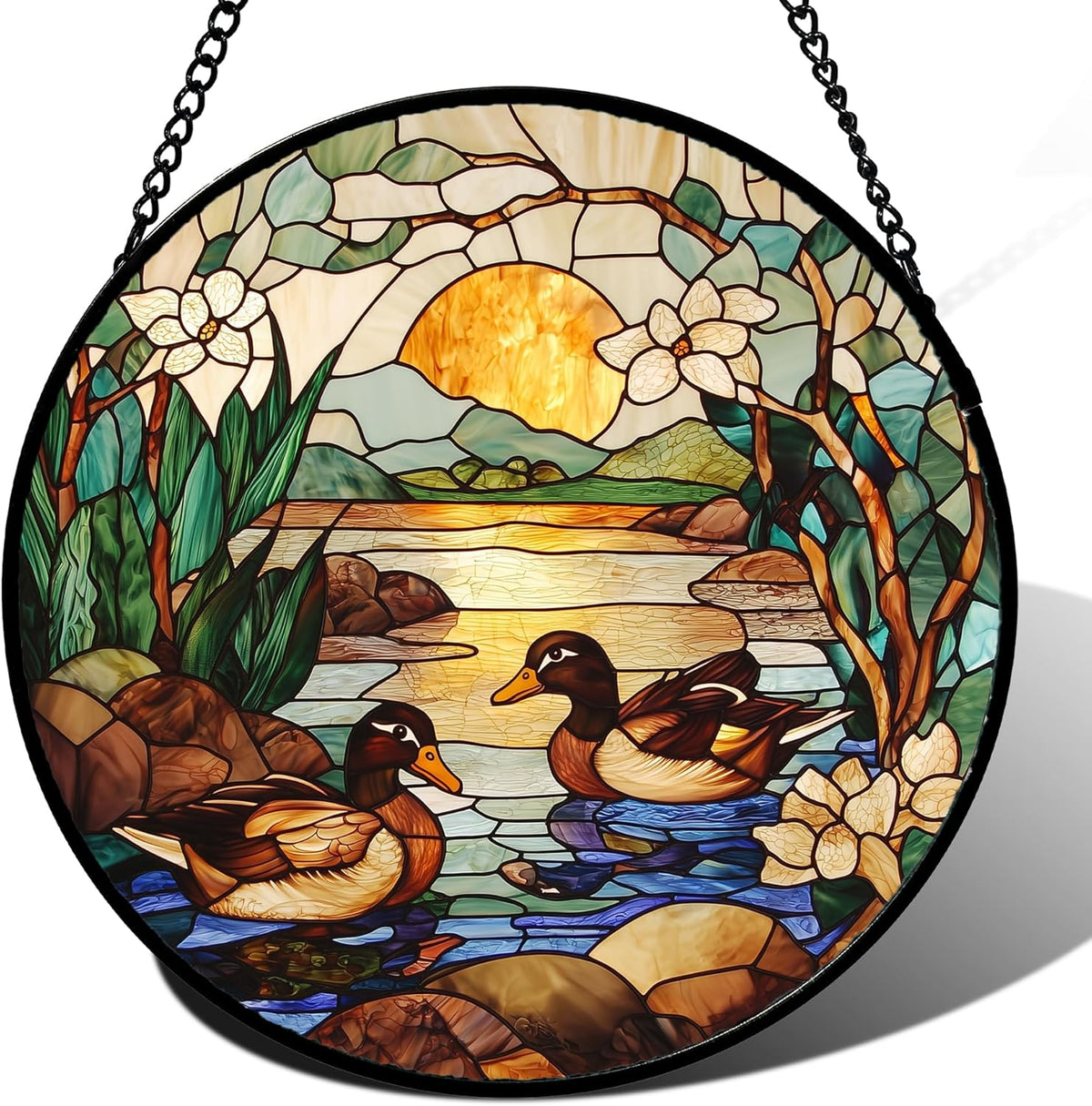 Stained Glass Window Hanging, Ducks in The Pond Sun Catcher for Door Home Decor Landscape Plant