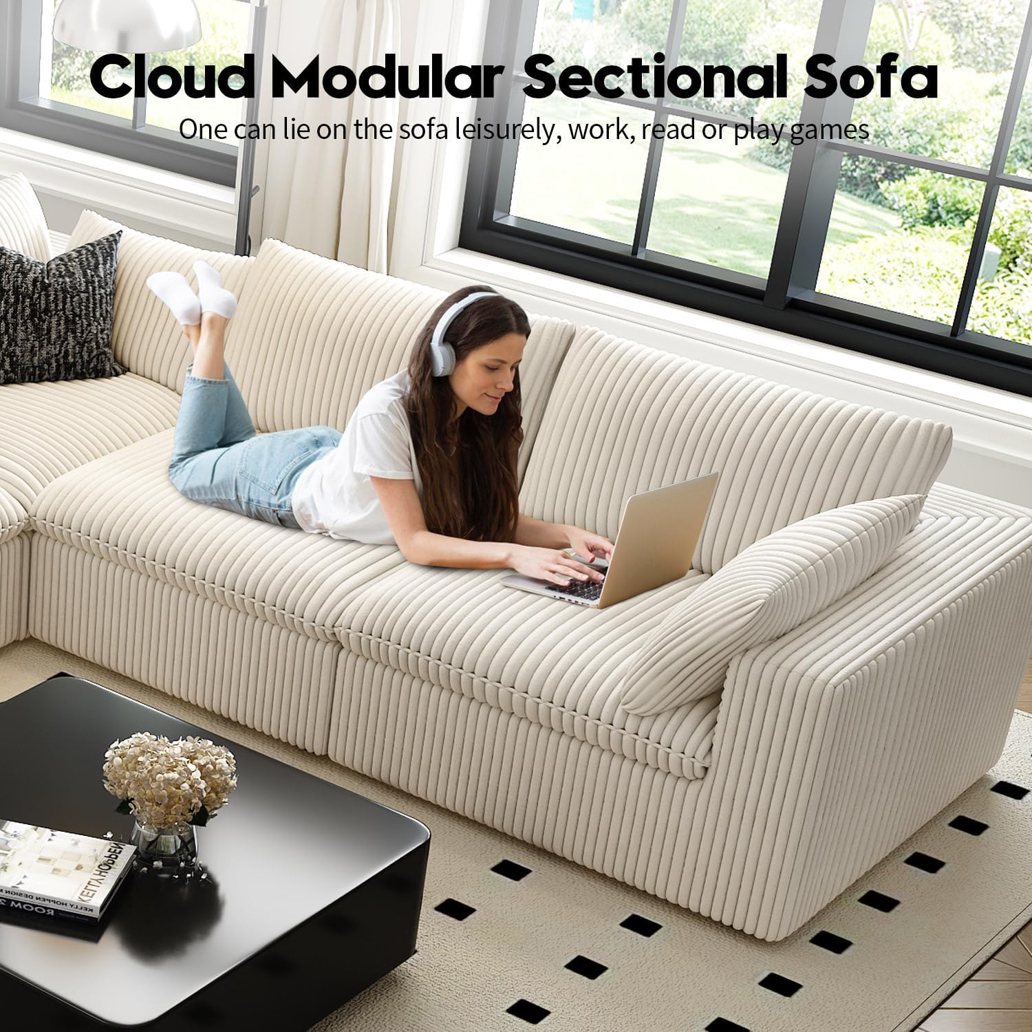 157.5" Cloud Couch Modular Sectional Sofa for Living Room,Modern Sofa with Deep Seat，4 Seater