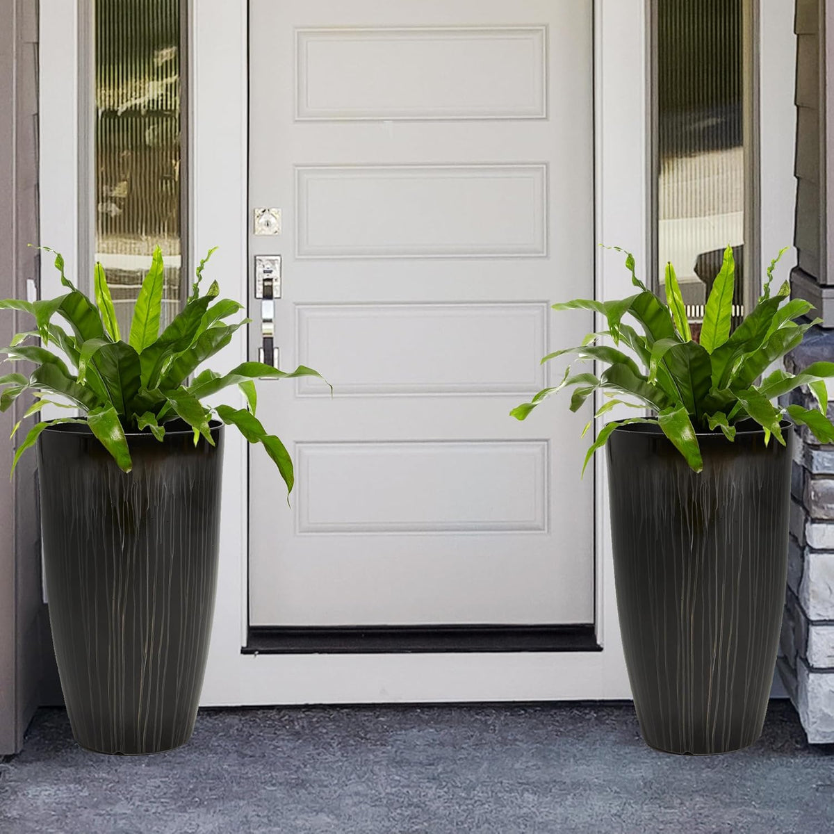 Worth Garden 23.5" H. Large Plastic Planters - Set of 2 Gradient Black Glossy Smooth Finish - Tall