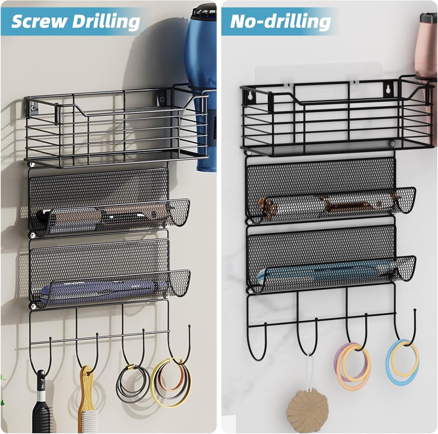VITVITI Metal Hair Tool Organizer Wall Mount, Hair Dryer Holder with 3 Tier Shelf Basket Hooks