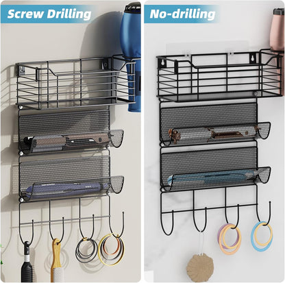 VITVITI Metal Hair Tool Organizer Wall Mount, Hair Dryer Holder with 3 Tier Shelf Basket Hooks
