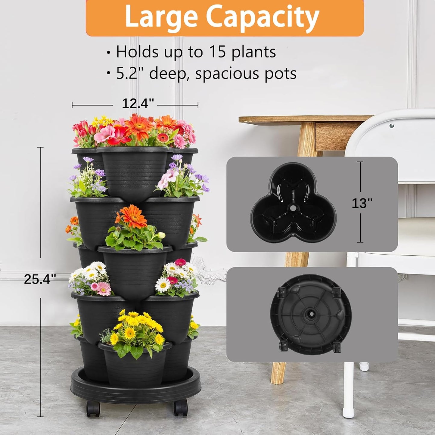 VECELO 5 Tier Vertical Garden Planter, Self Watering Stackable Planters with Wheels for