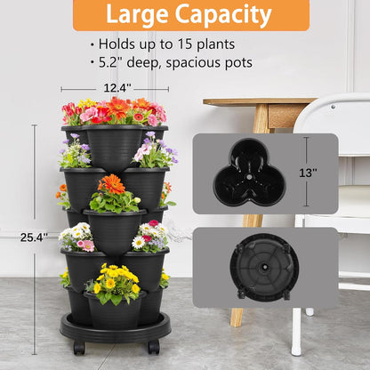VECELO 5 Tier Vertical Garden Planter, Self Watering Stackable Planters with Wheels for