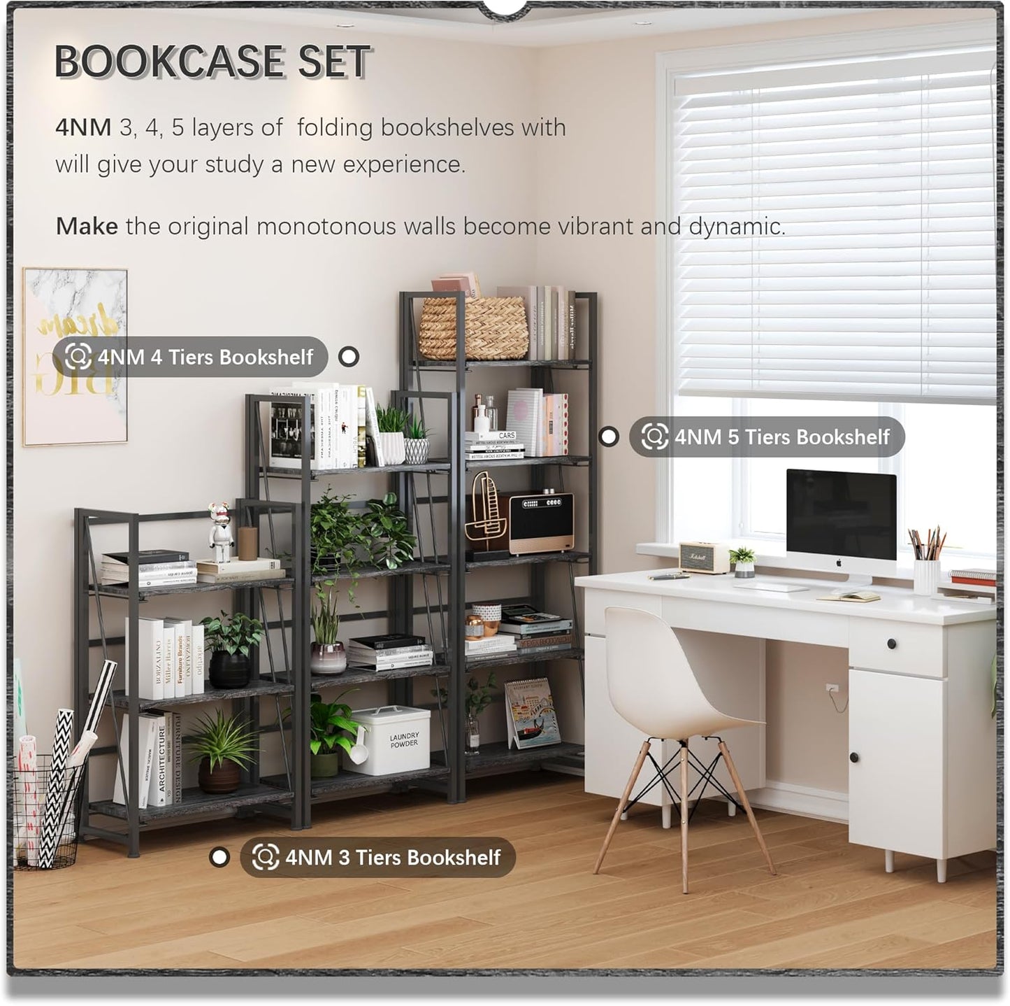 4NM No Assembly Foldable Bookshelf, 5-Shelf Collapsible Bookcase Storage for Small Spaces, 62.2" H