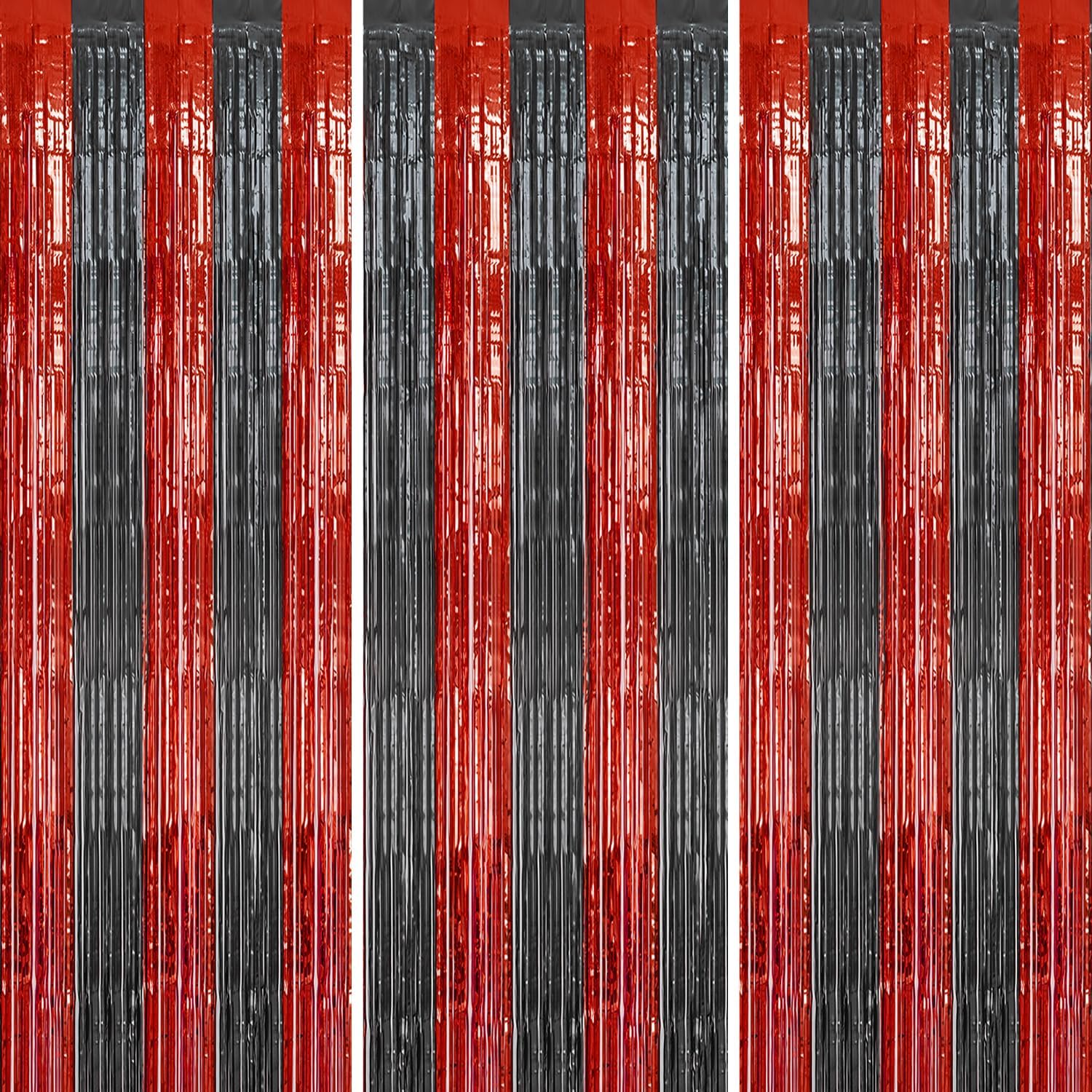 3 Pack Foil Fringe Backdrop - Red&Black Shiny Tinsel Curtains for Party Decoration/Photo Booth