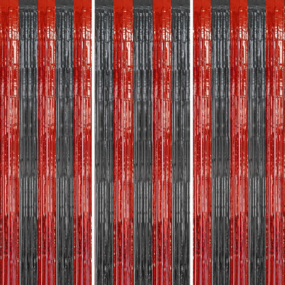 3 Pack Foil Fringe Backdrop - Red&Black Shiny Tinsel Curtains for Party Decoration/Photo Booth