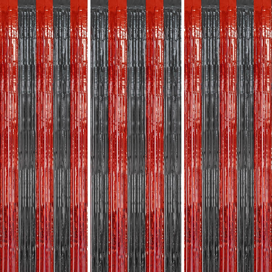 3 Pack Foil Fringe Backdrop - Red&Black Shiny Tinsel Curtains for Party Decoration/Photo Booth
