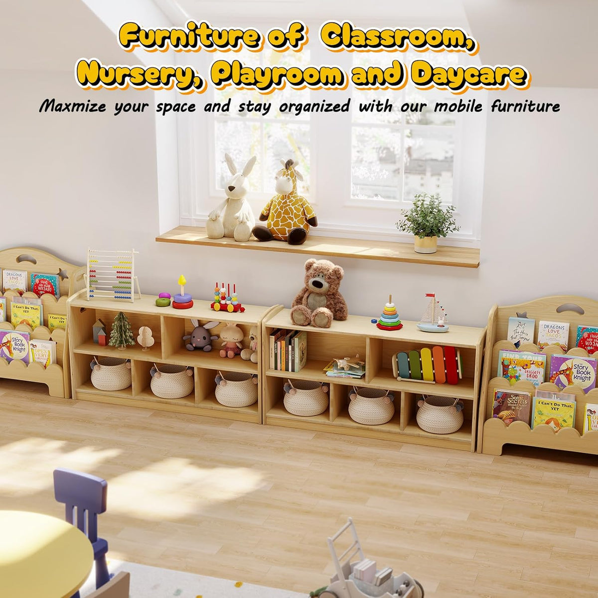 2-Tier Wood Montessori Cabinet for Kids, Toddler Room Book Shelves Toy Organizers and Storage
