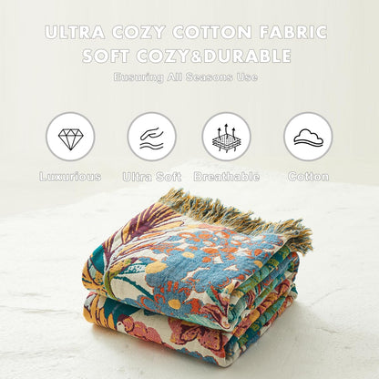 MSGKV Boho Throw Blanket for Couch Bed Chair 100% Cotton Muslin Breathable Vine Embroidery Blanket