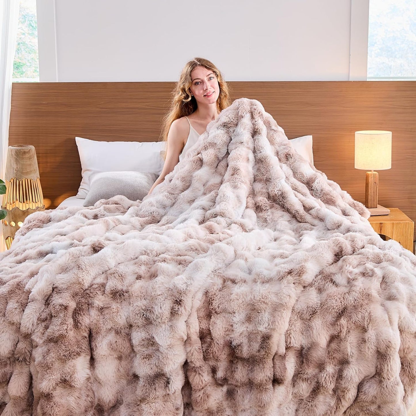 Lotus Karen Faux Fur Throw Blanket Tie-Dye Beige - Big Bubble Rabbit Fluff Blanket for Couch, Small