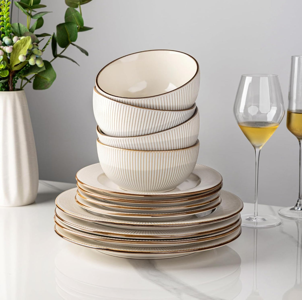 GBHOME Ceramic Dinnerware Sets,12 pcs Embossed Elegant Stoneware Plates and Bowls Sets