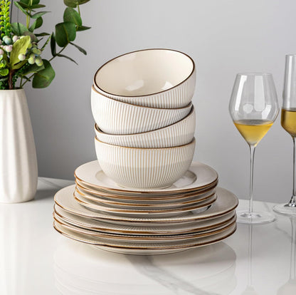 GBHOME Ceramic Dinnerware Sets,12 pcs Embossed Elegant Stoneware Plates and Bowls Sets