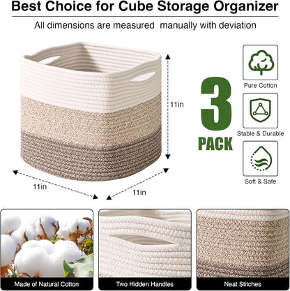 11 Inch Cube Storage Bins, Storage Cube Organizer Bins, Woven Cotton Rope Baskets for Storage