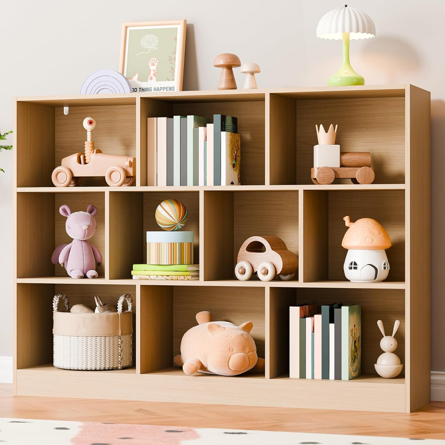 Cozy Castle Oak Bookshelf, 3-Tier Open Shelf Bookcase, 10 Cube Storage Organizer with Anti-Tilt