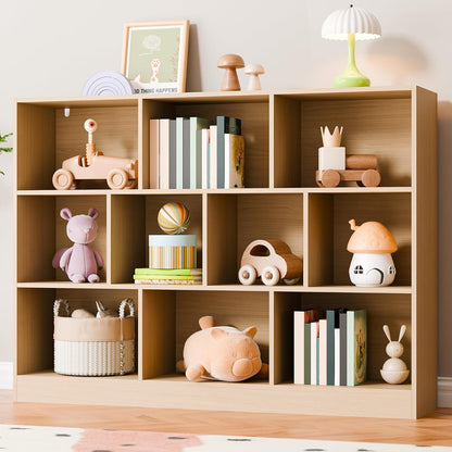 Cozy Castle Oak Bookshelf, 3-Tier Open Shelf Bookcase, 10 Cube Storage Organizer with Anti-Tilt