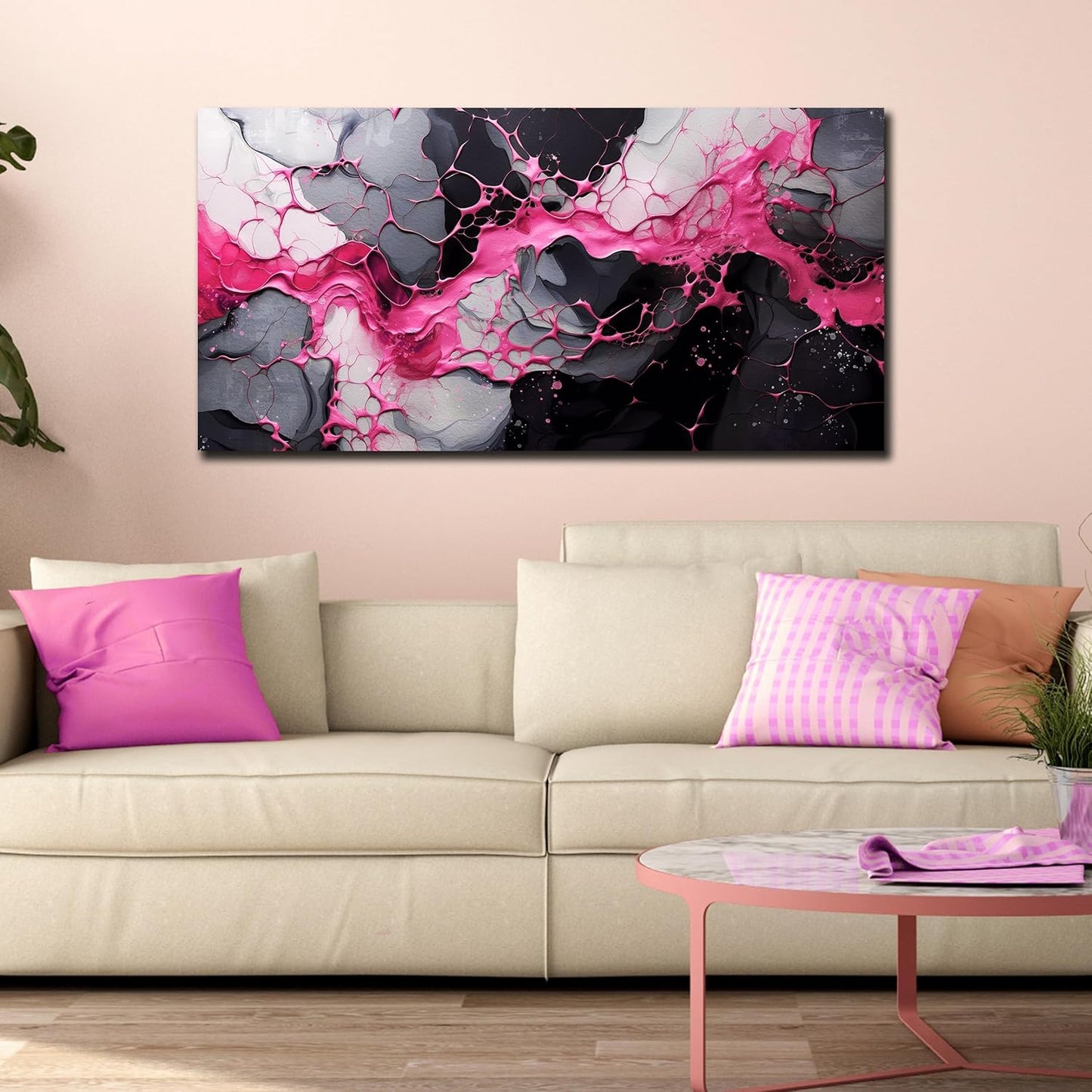 GUGIKA Abstract Wall Art for Living Room, Pink Canvas Wall Decor for Girls Bedroom Decor, Pigment