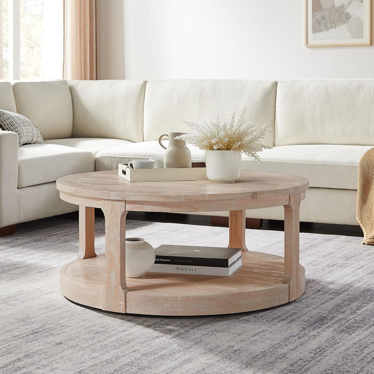 WILLIAMSPACE 40" Round Coffee Table with Wheels, Circle 2 Tier Solid Wood Center Coffee Table, Mid