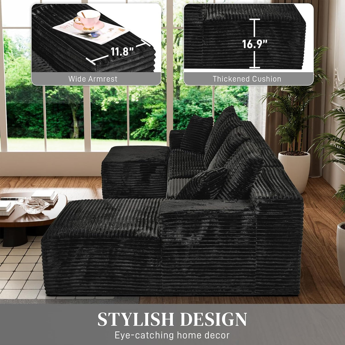 Modular Sectional Sofa Cloud Sectional Couch, 107" Comfy Fluffy U Shaped Black Couches for Living