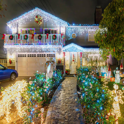 Icicle lights Outdoor - 33ft Christmas Lights with 400LED 75 Drops 8 Modes, Plug in Curtain String