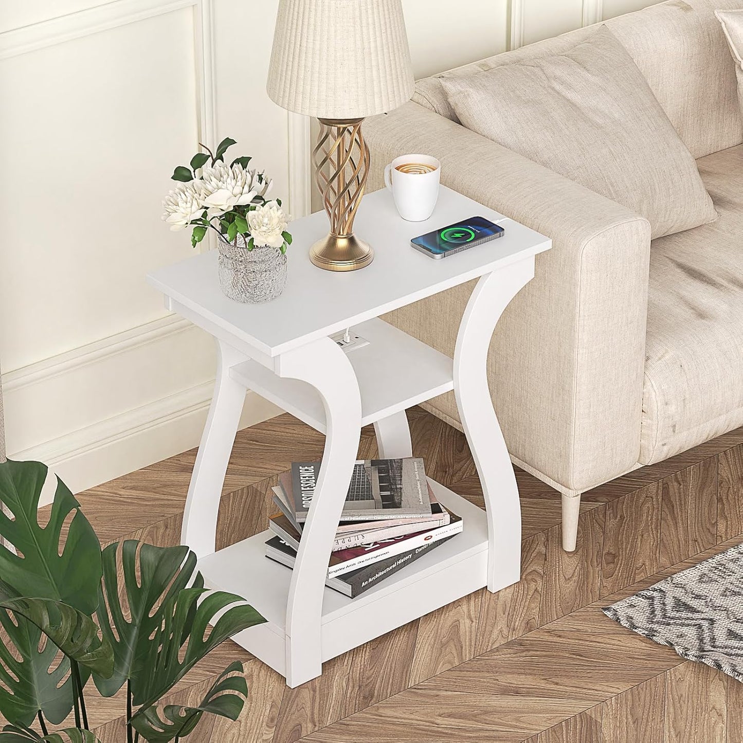 End Tables Living Room, White End Table with Charging Station,White Side Table, Nightstand for