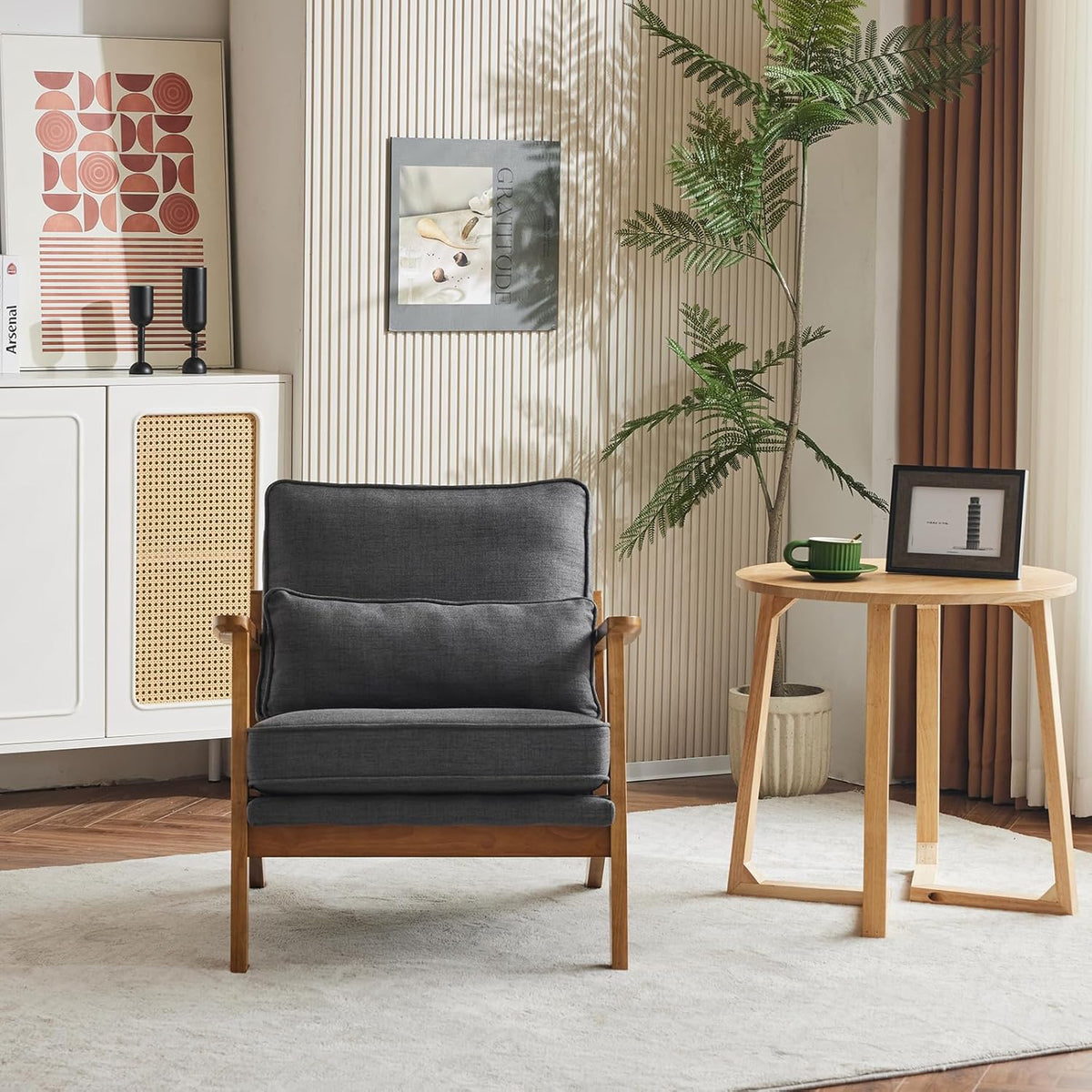 Karl home Accent Chair Wide Armrest Mid-Century Lounge Chair Linen Fabric Armchair with Lumbar