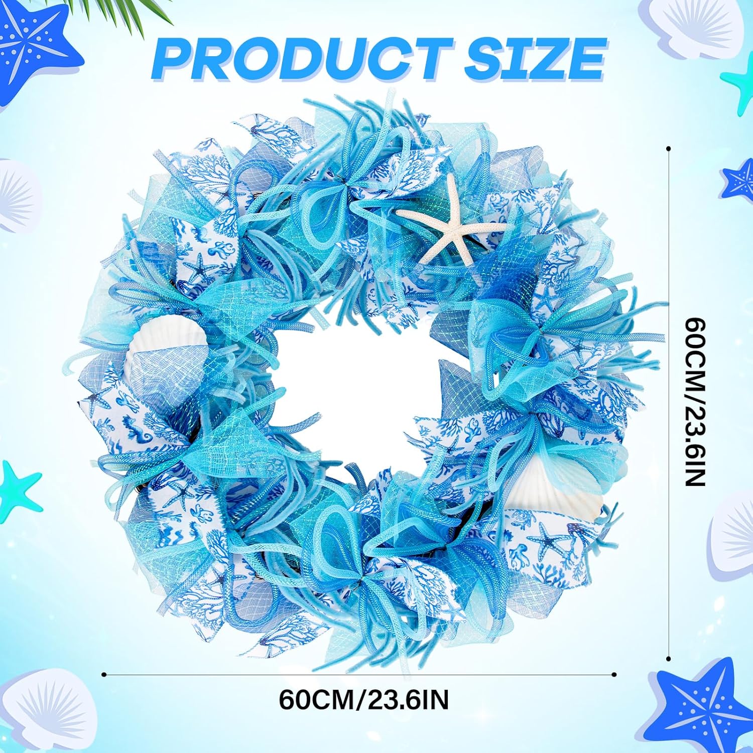 24 Inch Coastal Seashell Large Wreath with Natural Starfish & Scallops Shell, Blue Beach Style