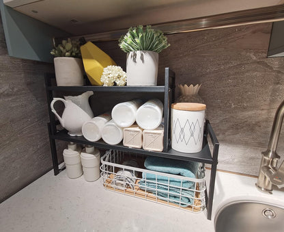 Expandable Cabinet Shelf Organizer 16-26" L Stackable Kitchen Counter Shelf Sink Rack Countertop