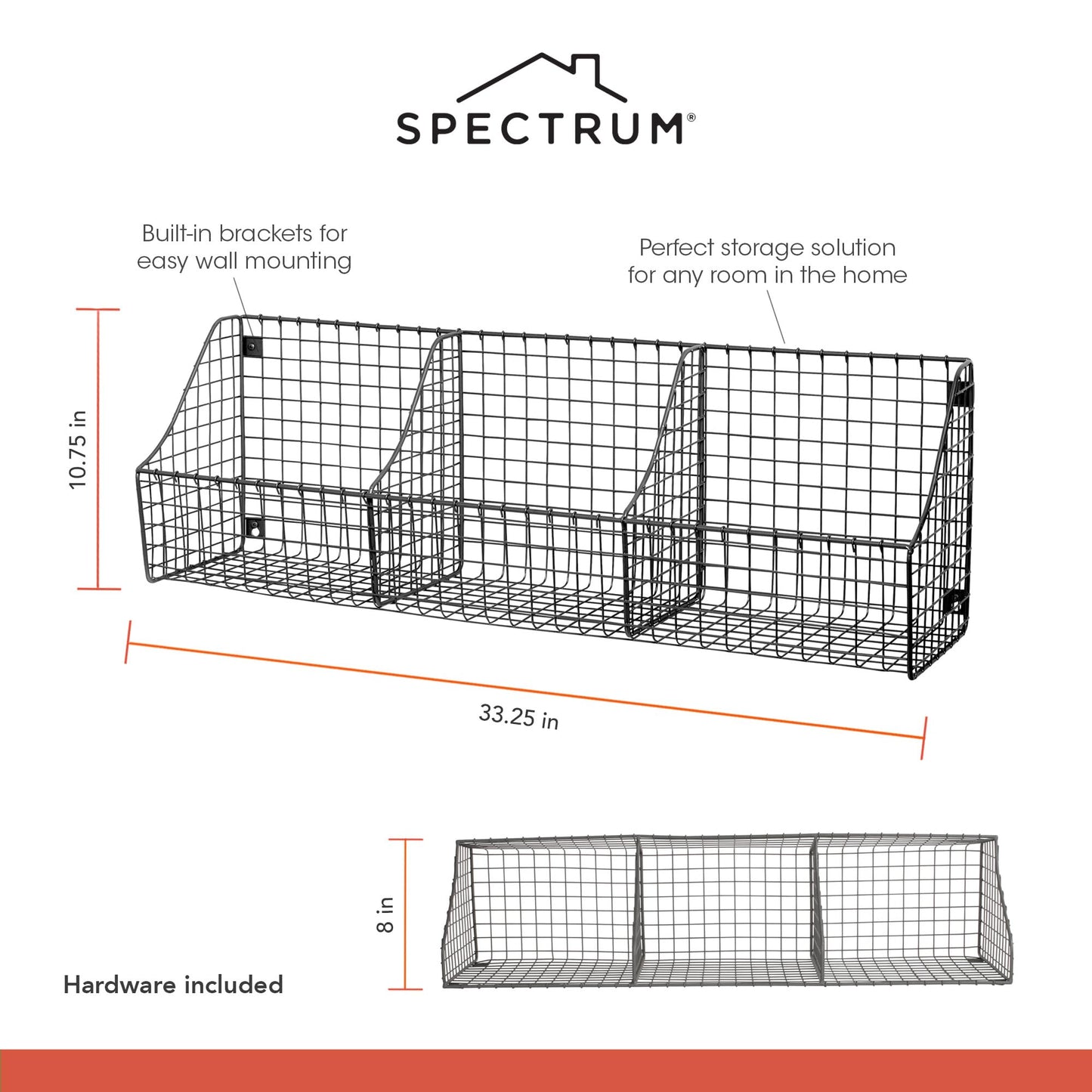 Spectrum Diversified 89076 Wall Mount Triple Storage Basket, Industrial Gray