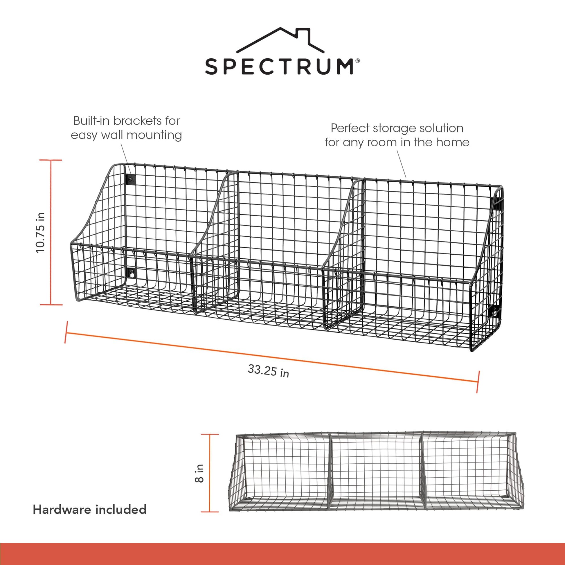 Spectrum Diversified 89076 Wall Mount Triple Storage Basket, Industrial Gray