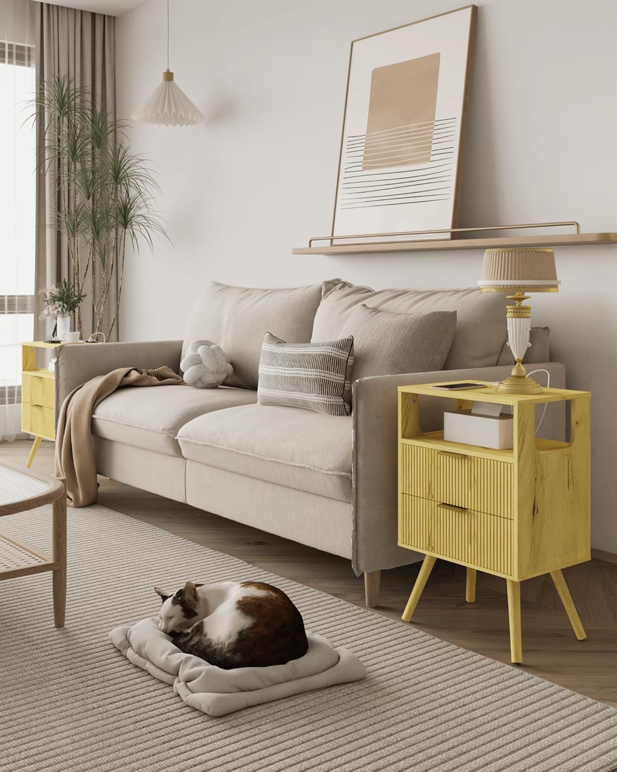 Nightstand with Charging Station and LED Lights,Modern Bedside Table with 2 Storage Drawer and Open