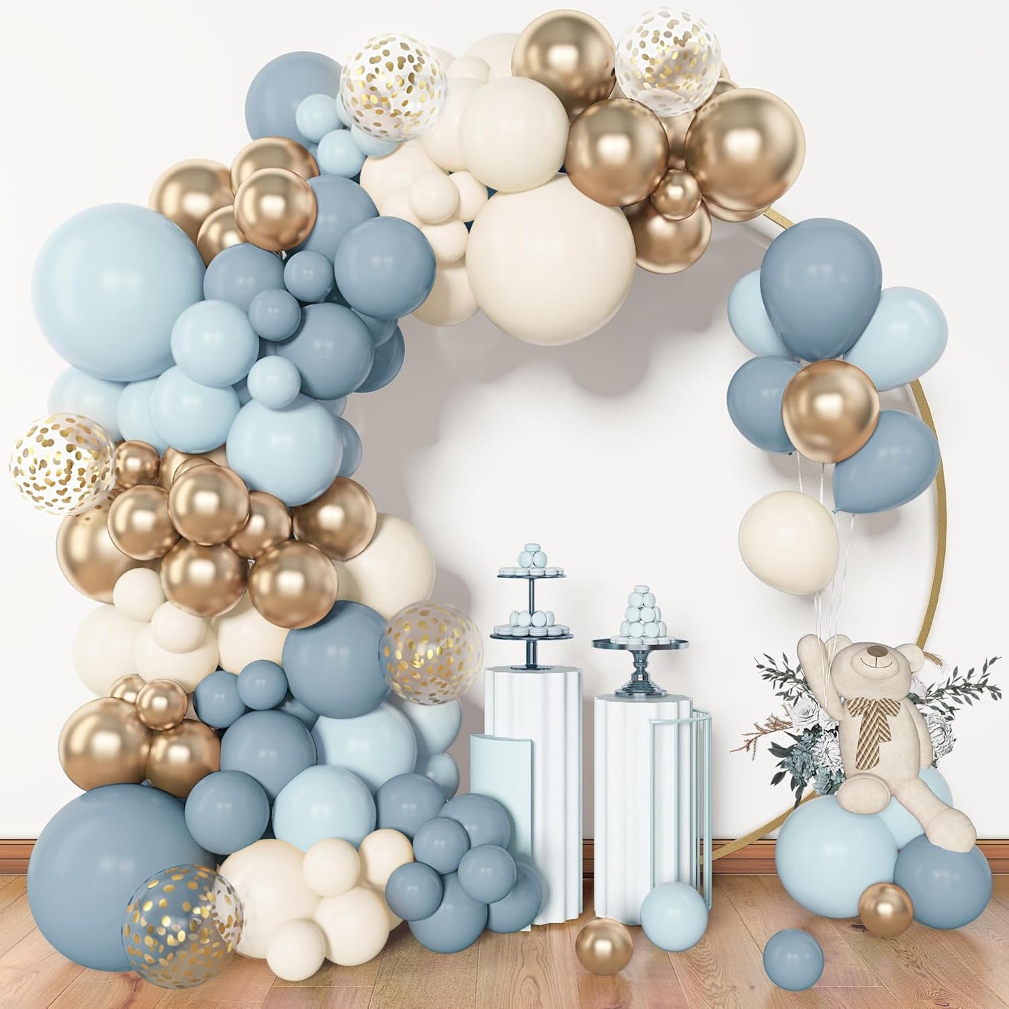 Amandir 153pcs Dusty Blue Balloon Garland Arch Kit, Different Sizes 18 12 10 5 inch Blue White Sand