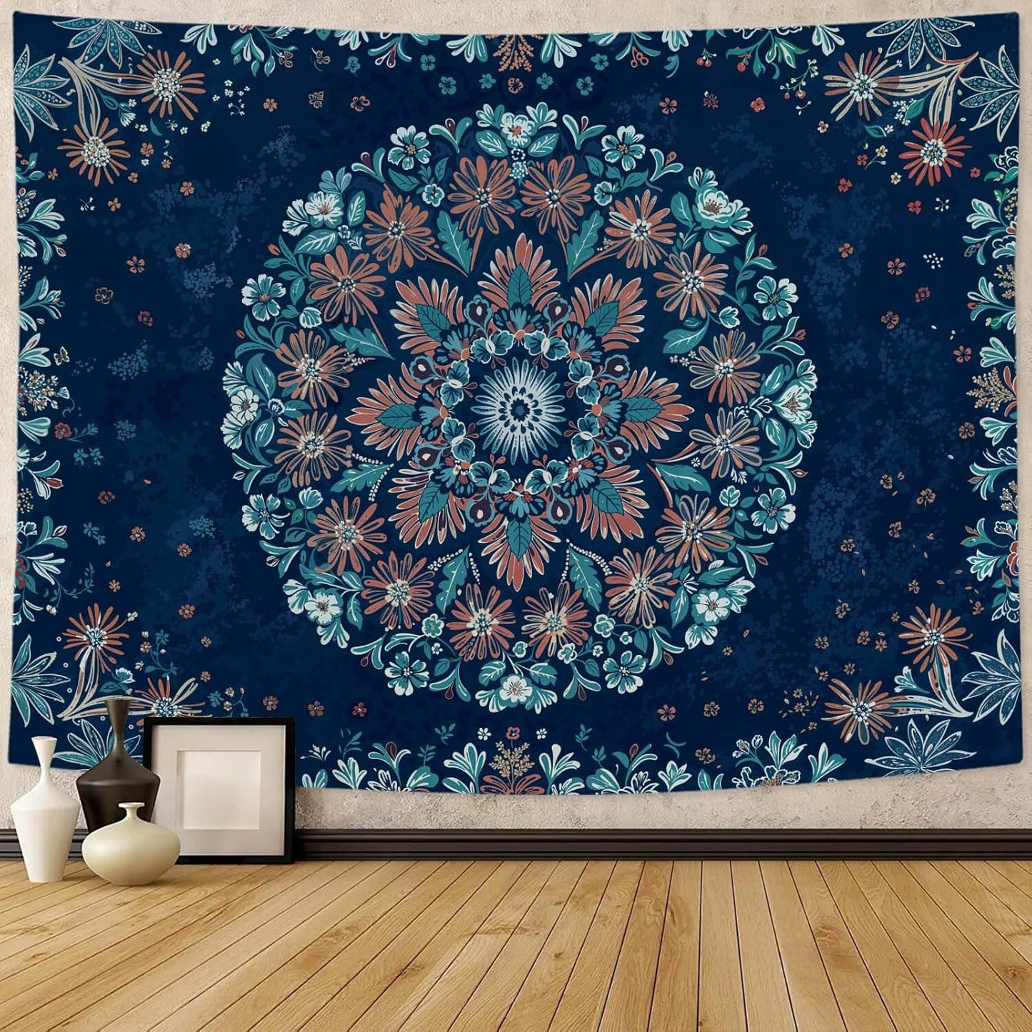 Fowocu Boho Floral Mandala Tapestry Wall Hanging Blue Bohemian Flower Medallion Tapestry Aesthetic