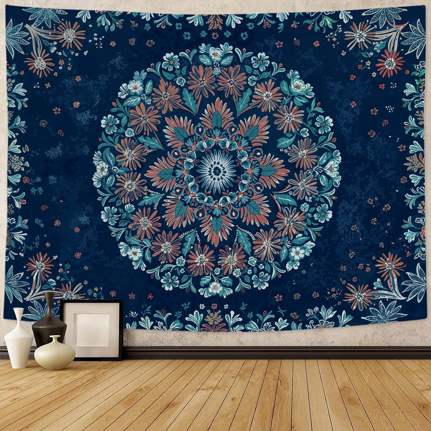 Fowocu Boho Floral Mandala Tapestry Wall Hanging Blue Bohemian Flower Medallion Tapestry Aesthetic