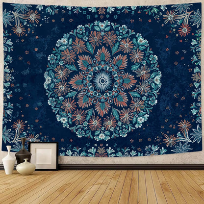 Fowocu Boho Floral Mandala Tapestry Wall Hanging Blue Bohemian Flower Medallion Tapestry Aesthetic