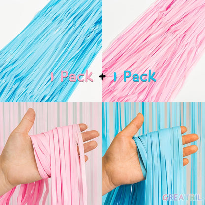 Pink and Blue Party Photo Backdrop - GREATRIL Foil Fringe Tinsel Streamers for