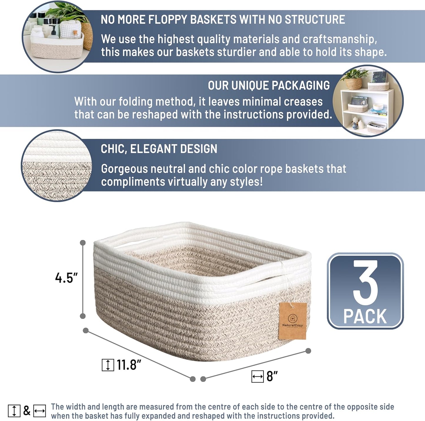 NaturalCozy 11.8"x8"x4.5” Storage Baskets for Shelves 3 Pack | Cotton Rope Woven Small Baskets for