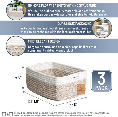 NaturalCozy 11.8"x8"x4.5” Storage Baskets for Shelves 3 Pack | Cotton Rope Woven Small Baskets for