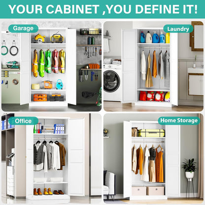 Metal Wardrobe Cabinet with Hanging Rod,White Armoire Wardrobe Closet,Metal Clothing Storage