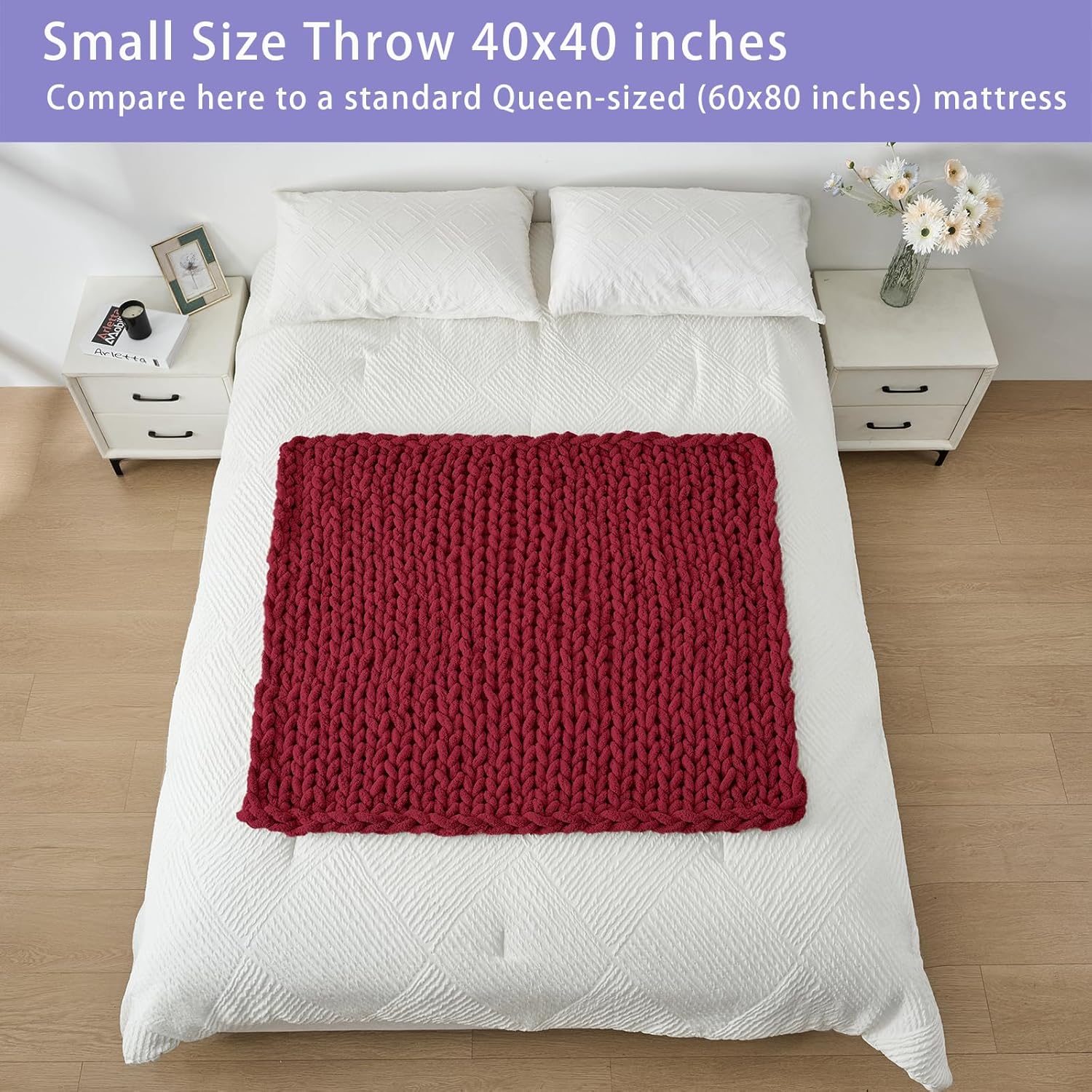 Bigacogo Chunky Knit Throw Blanket for Couch, 40x40 inches, 100% Hand Knitted with Thick Jumbo