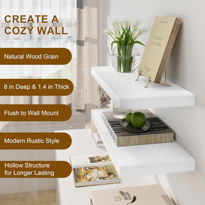 Fun Memories White Floating Shelves, 8 Inch Deep Wall Shelves Set of 2, Rustic Deep Shelves for