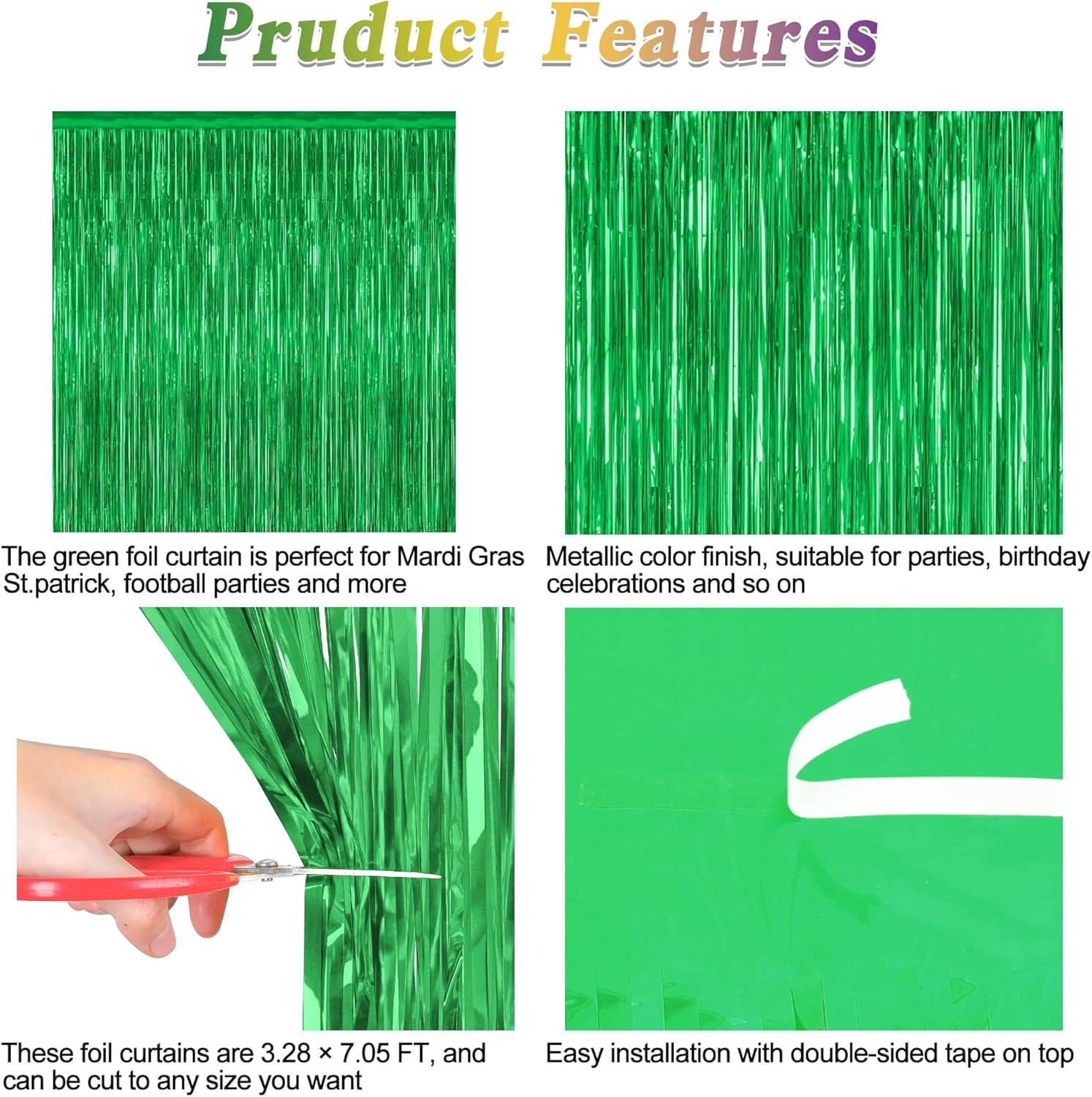 2 Pack Tinsel Backdrop, 3.28 FT x 7.05 FT Green Party Decorations, Metallic Football Backdrop
