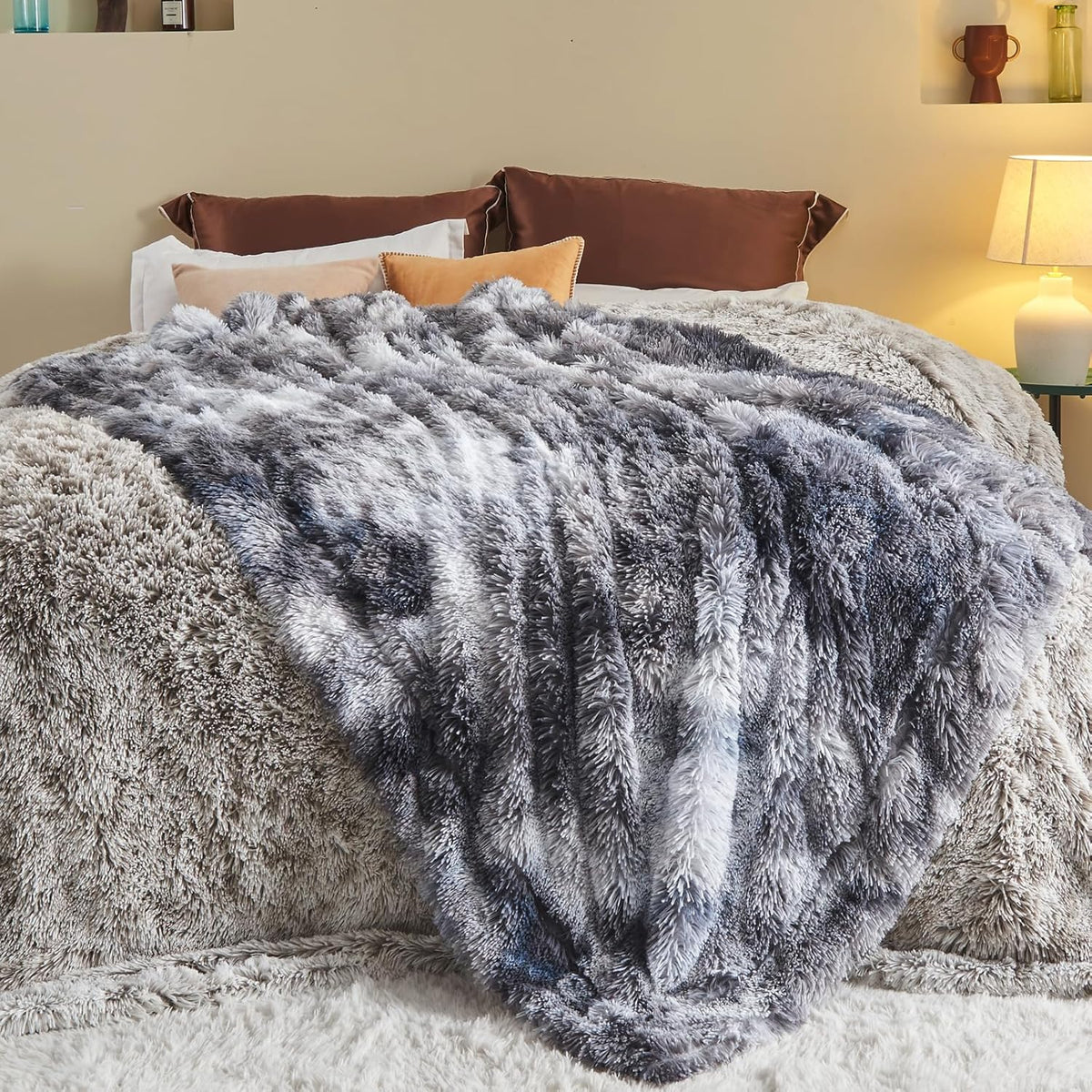 GONAAP Fuzzy Faux Fur Throw Blanket Twin Size Tie-dye Marble Black Super Soft Cozy Plush Fuzzy